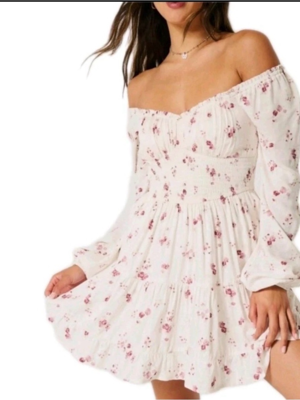 Hollister babydoll White Off-Shoulder Floral Long Sleeve Dress shorts underneath